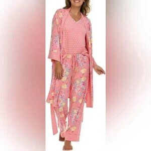 NEW Flora Nikrooz 3 Pc Pajama Sleep Set: Robe, Tank, Pants NWT M Pink Floral
